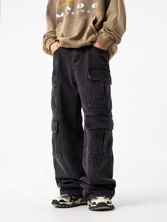 2025 Fashionable men's denim workwear street style black gray multi pocket jeans American casual high waist functional design