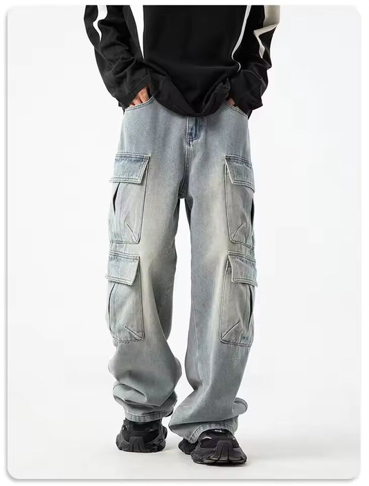 2025 Fashionable men's denim workwear street style black gray multi pocket jeans American casual high waist functional design