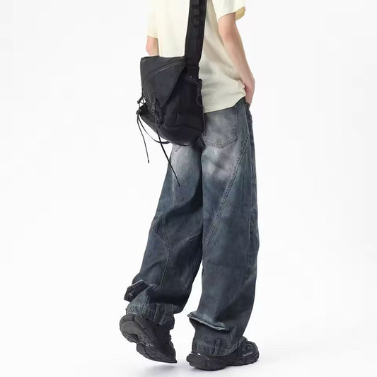 Men Unique Patchwork Washed Vintage Retro Loose Fit Baggy Jeans Fashion Denim Casual Street Style Distressed Trendy Comfort