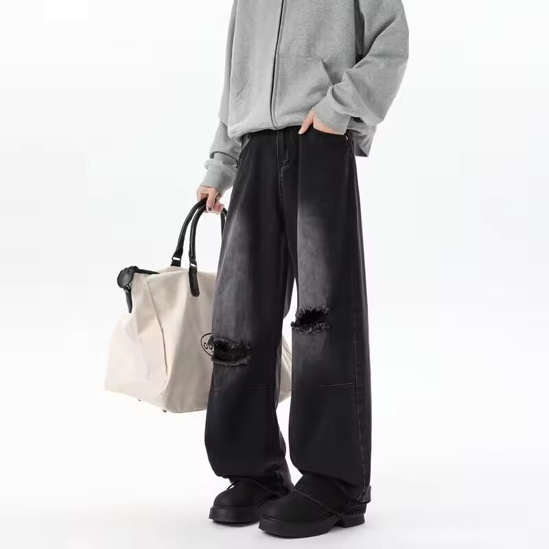 Straight Loose Wide Leg Jeans Mens Washed Classic Trousers Ripped Destroyed Drag Floor Length Bulk Wholesale Trendy Streetwear