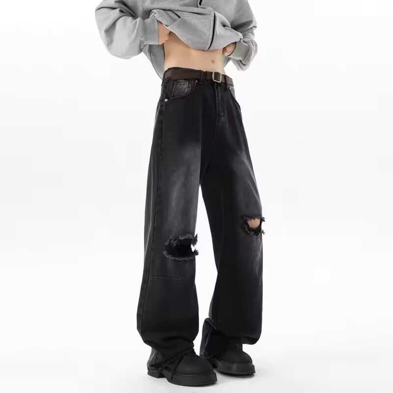 Straight Loose Wide Leg Jeans Mens Washed Classic Trousers Ripped Destroyed Drag Floor Length Bulk Wholesale Trendy Streetwear