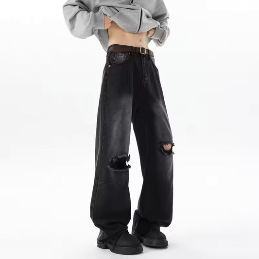 Straight Loose Wide Leg Jeans Mens Washed Classic Trousers Ripped Destroyed Drag Floor Length Bulk Wholesale Trendy Streetwear