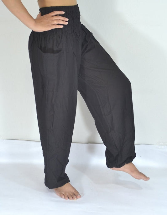 NATURAL BLACK THAI Yoga Pants - Plain Harem Pants - Comfy Elastic waist Boho Hippie Trousers - Many Sizes fit All - Great Festival Pants